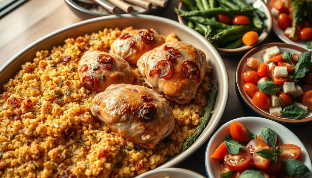 cornbread dressing with chicken and complementary sides